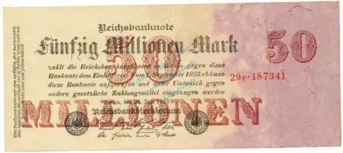 Banknote , 50 Millionen Mark Schein in f-kfr. DEU-109.b, Ros.97, M.98 , Inflation 1923 -1321