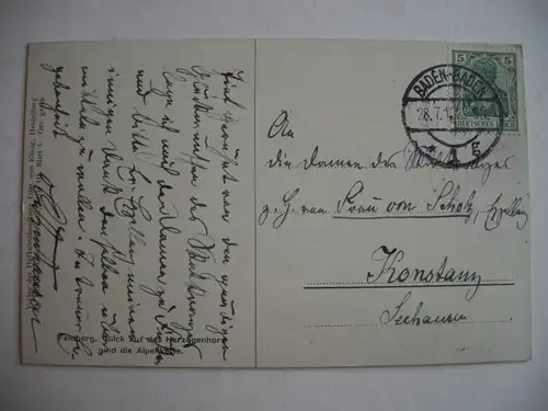 Alte AK Feldberg adr. an Frau v. Scholz 1913 Konstanz [F511]