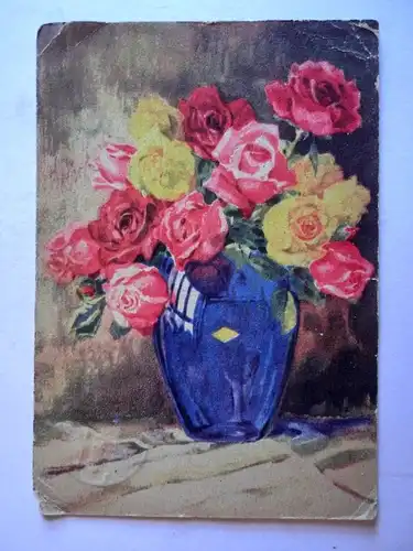 Alte AK Grußkarte Rosen Rosen in Vase (Ecken geknickt) [aH20]
