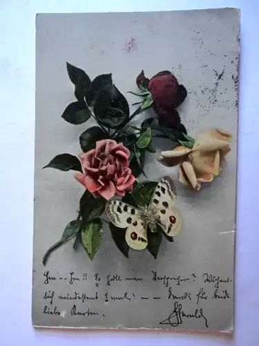 Alte AK Grußkarte Rose Rosen Schmetterling 1903 (m. kl. Einriß) [aH21]