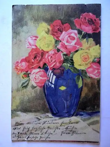 Alte AK Grußkarte Rose Rosen in Vase Tha Ga Künstlerkarte [aH23]