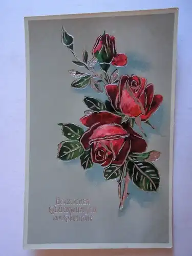 Alte AK Grußkarte Geburtstag Rose Rosen Silberprägung [aH26]