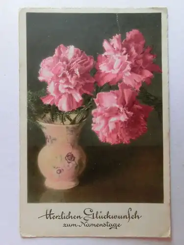 Alte AK Grußkarte Namenstag Nelken in Vase 1935 [aH57]