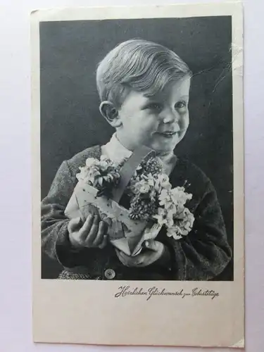 Alte AK Grußkarte Geburtstag Junge Knabe Blumenkorb um 1940 [aH84]
