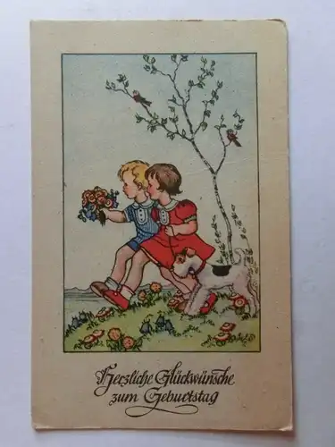 Alte AK Grußkarte Geburtstag Kinder Wiese Blumen Hund  [aH86]