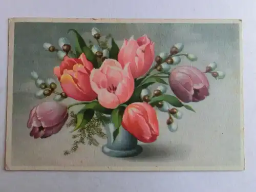 Alte AK Grußkarte Palmkätzchen Tulpen in Vase 1943 [aH96]
