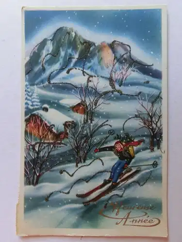 Alte AK Grußkarte Neues Jahr Skifahrer mit Glimmer [aH120]
