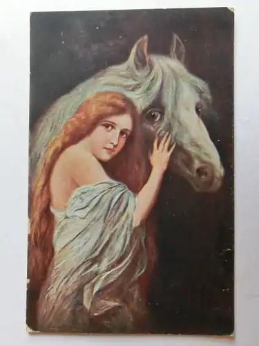 Alte AK Gemäldekarte B. Dietze Träumerei Pferd Frau [aH883]
