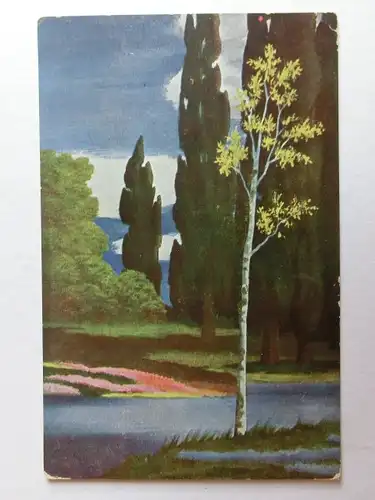 Alte AK Gemäldekarte Fluß Bäume Wald [aH889]