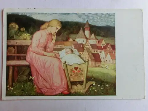Alte AK Gemäldekarte Matthäus Schiestl Karte Frau Baby Wiege [aH890]