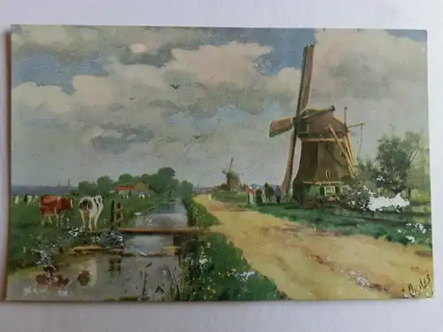 Alte AK Gemäldekarte Windmühle Bach Kuh Kühe [aH904]