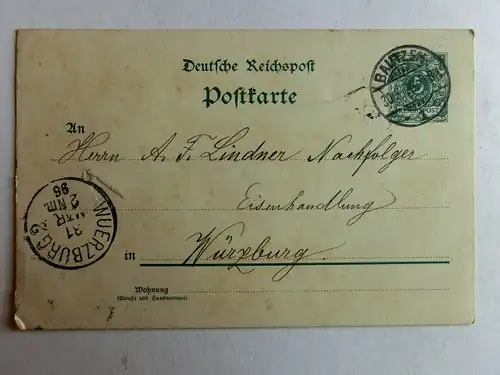 Alte AK Ganzsache Deutsche Reichspost an Eisenhandlung in Würzburg 1896 [aK547]