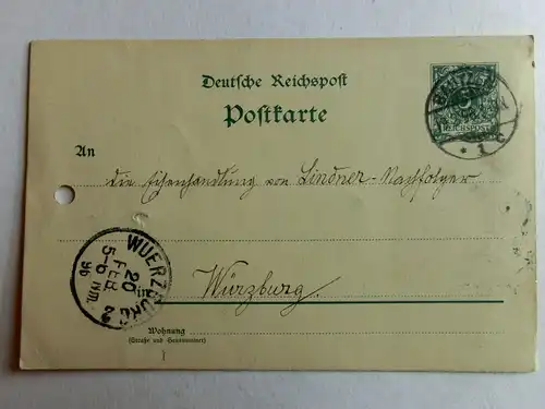 Alte AK Ganzsache Deutsche Reichspost an Eisenhandlung in Würzburg 1896 [aK549]