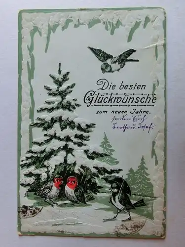 Alte AK Grußkarte Neujahr Prägekarte 1918 ? Vögel Winter  [aK649]