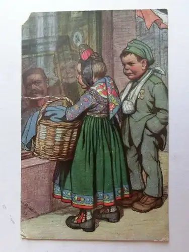 Alte AK Hessische Trachten Tracht ((Ecke fehlt, m. Einriss) 1917 Hessen [aK701]