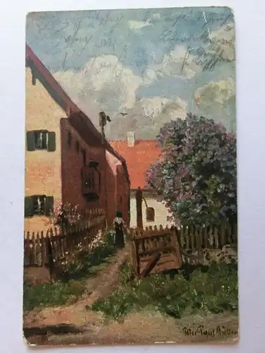 Alte AK Gemäldekarte Bauernhaus Flieder 1912 [aK724]