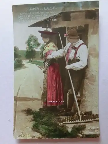 Alte AK Hans und Liese Tracht Liebespaar Rechen Landwirtschaft 1908 [aK751]