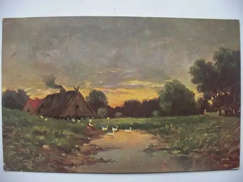 Alte AK Künstlerkarte Dorf Gehöft Enten [aD104]