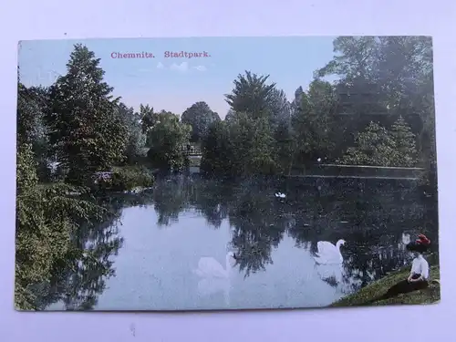 Alte AK Chemnitz Stadtpark Schwäne 1911 [aR370]