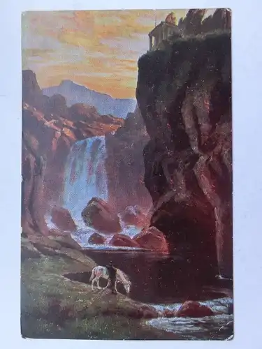 Alte AK Gemäldekarte Felsen Wasserfall Pferd Reiter [aT185]