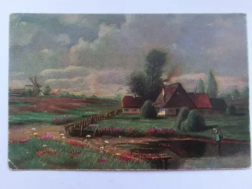 Alte AK Gemäldekarte Gehöft Haus Windmühle  [aT189]