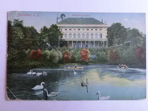 Alte AK Zwickau Schwanenschloß Schwäne Teich 1924 (m. Knick) [aH315]