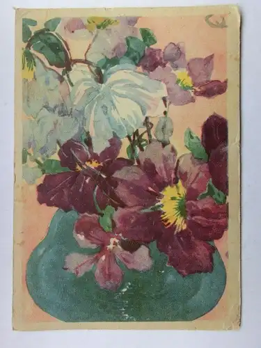 Alte AK Gemäldekarte Christrosen Lenzrosen in Vase [aT564]