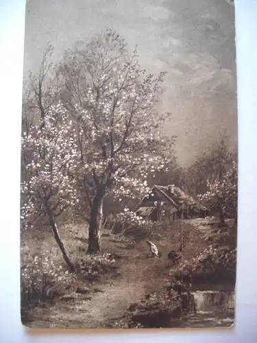 Alte AK Gemäldekarte Hühner Weg Bauernhaus [A1232]