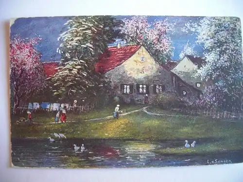 Alte AK Gemäldekarte Bauernhaus See Enten Bäume [A1239]