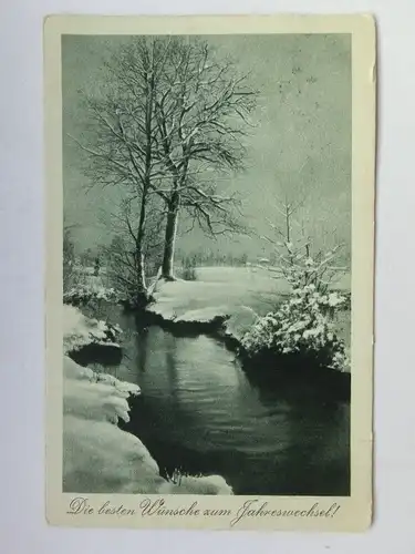 Alte AK Grußkarte Neujahr Bach Schnee Bäume [aT608]
