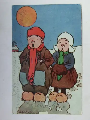 Alte AK Grußkarte Holländer-Kinder Schnee Mond [aT618]