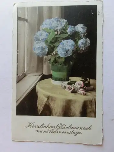 Alte AK Grußkarte Namenstag Hortensien Tisch Fenster [aT674]