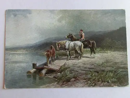 Alte AK Gemäldekarte Pferde Reiter Wasser [aT705]