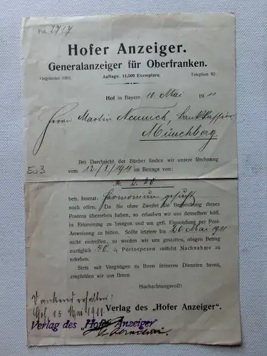  Hof Hofer Anzeiger Generalanzeiger 1911 Mahnung [aT764]