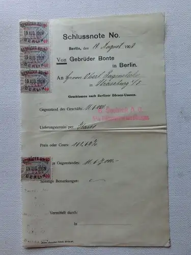 Berlin Beleg Börse Gebrüder 1909 Bonte mit Marken  [aT768]