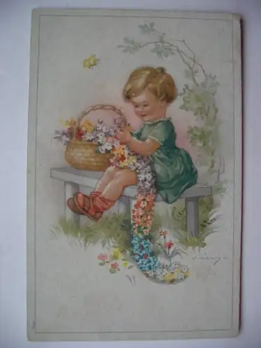 Alte AK Glückwunschkarte Kind Blumenkorb Blumen [aB80]