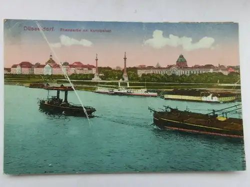 Alte AK Düsseldorf Rheinpartie Kunstpalast (starker Knick) 1921 [aS4]