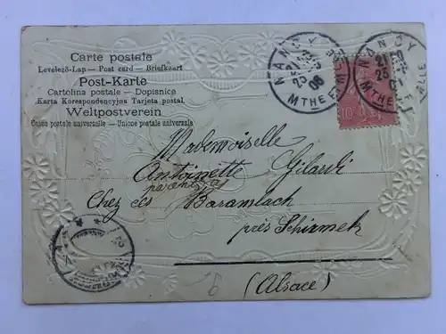 Alte AK Grußkarte Prägekarte Kleeblatt Blumen 1906 [aU19]