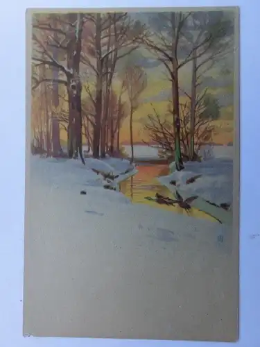 Alte AK Gemäldekarte Schnee Bäume Bach Winter [aU32]