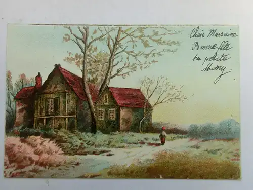 Alte AK Gemäldekarte Gehöft Kind Baum 1904 [aU35]