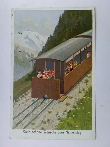 Alte AK Grußkarte Namenstag Zug Eisenbahn Kinder [aU51]