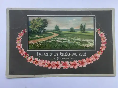 Alte AK Grußkarte Namenstag Landschaft Blumen (beschädigt) [aU63]