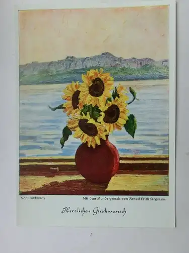 Alte AK Grußkarte Sonnenblume in Vase mundgemalt [aU74]
