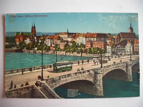 Alte AK Basel Mittlere Rheinbrücke Straßenbahn [B775]