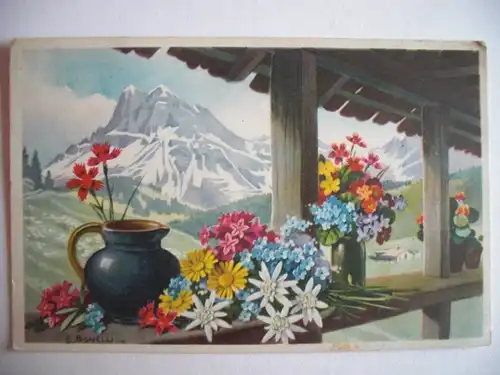 Alte AK Künstlerkarte Berg Enzian Alpenblumen S. Bonelli [B840]