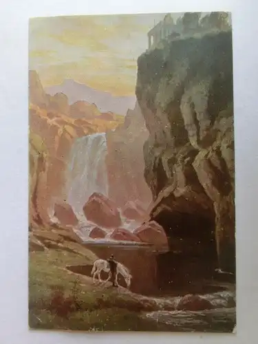 Alte AK Gemäldekarte Pferd See Felsen Ruine [aV656]