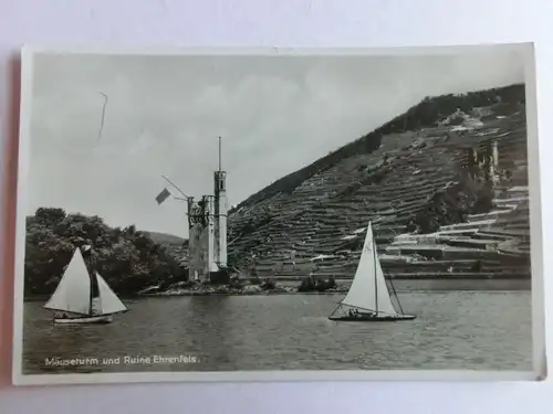 Alte AK Bingen Mäuseturm Ruine Ehrenfels Segelboot [aW345]
