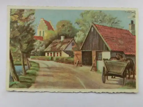 Alte AK Künstlerkarte Dorfstraße Gehöft Fuhrwerk [aW488]