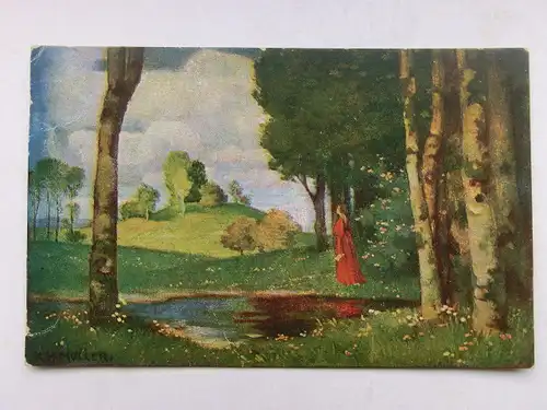 Alte AK Künstlerkarte Wald Frau Teich rotes Kleid [aW498]