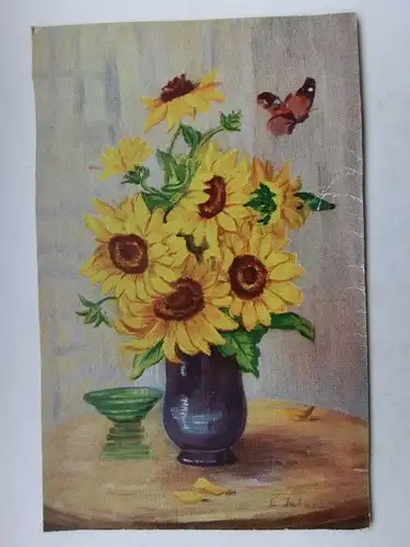 Alte AK Künstlerkarte A. E. Jahn Sonnenblumen Schmetterling [aW530]
